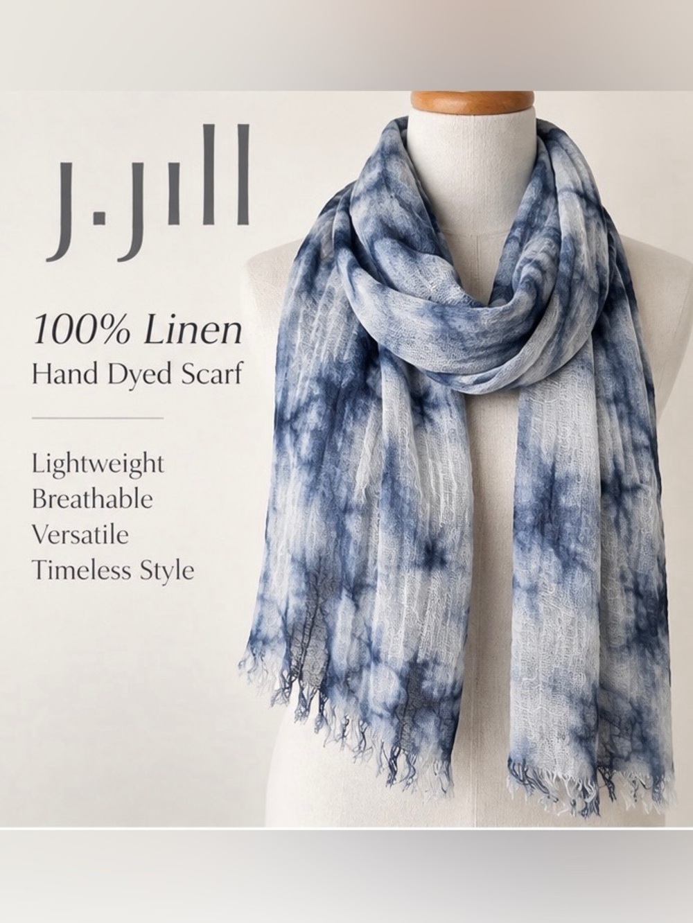 J.Jill 100% Linen Hand Dyed Scarf Blue White Fringe NWT